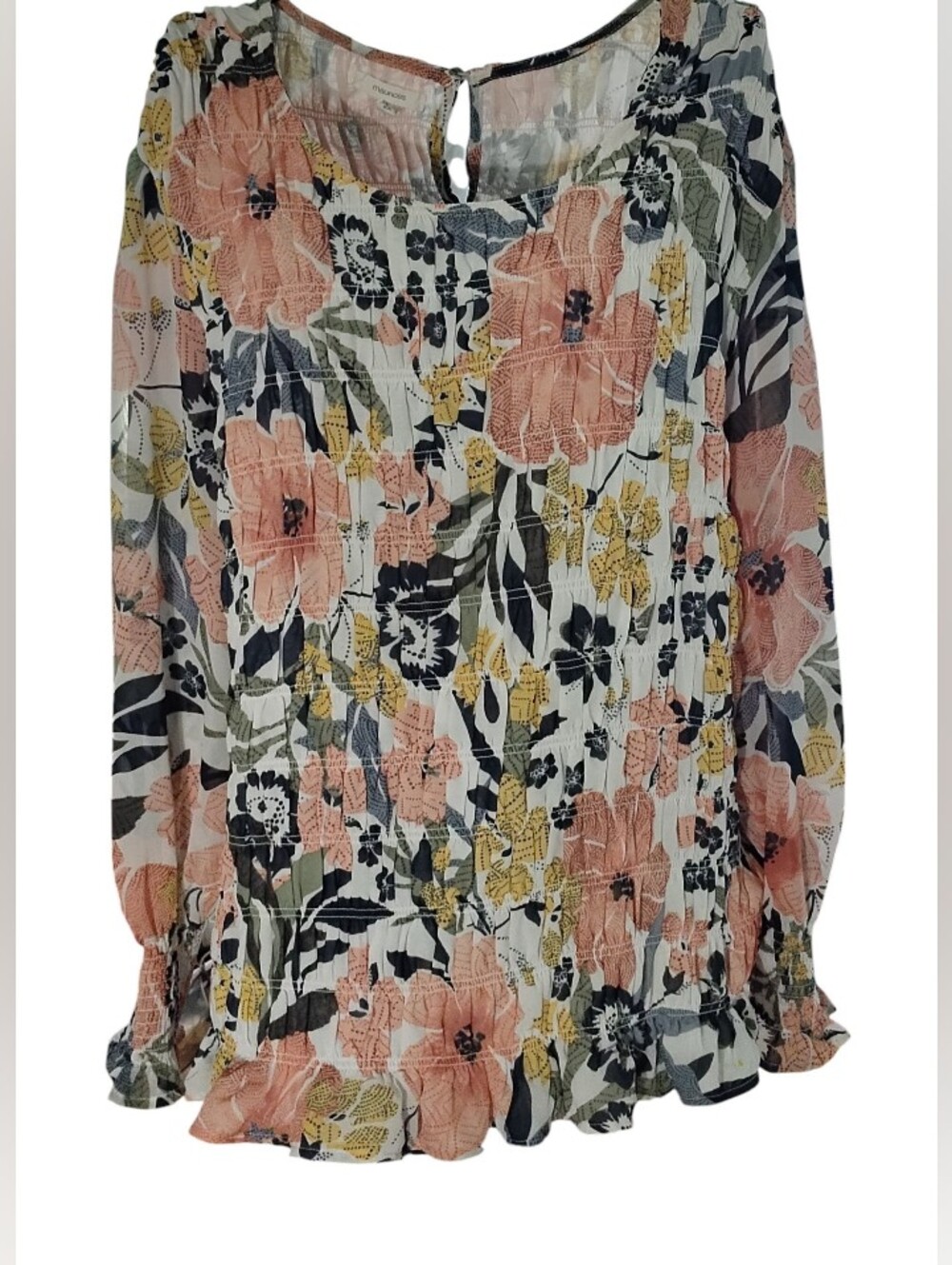 Maurices Peach Floral Smocked Long-Sleeve Blouse